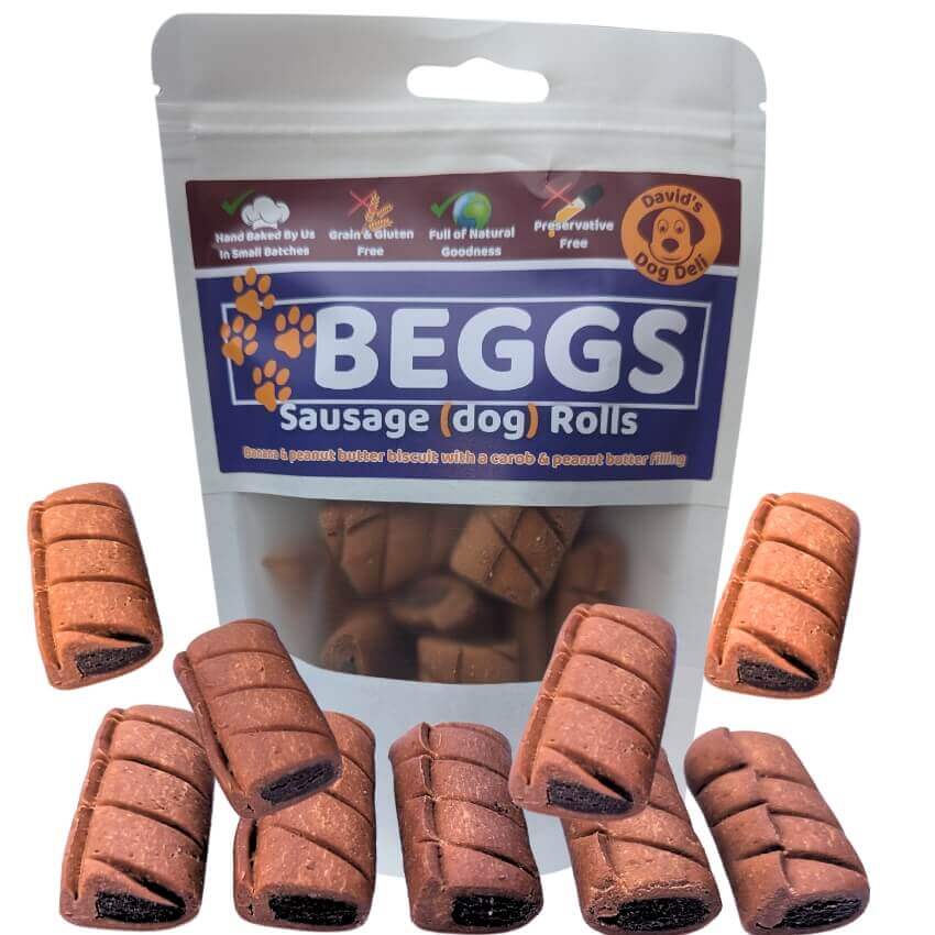 Beggs hypoallergenic dog treats front with a close up of biscuits