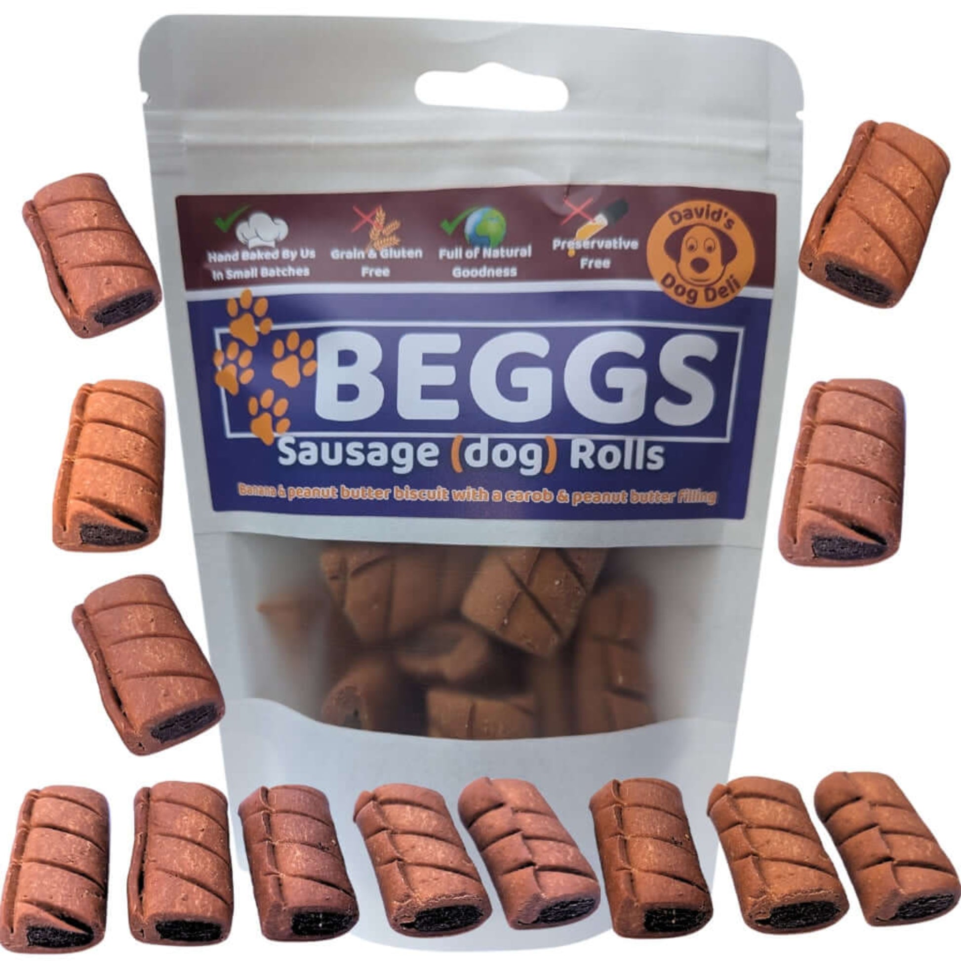 Beggs hypoallergenic dog treats bag surrounded by sausage rolls