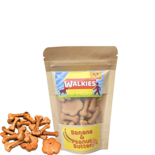 Peanut Butter Dog Treats with Banana bag & biscuits outside the bag