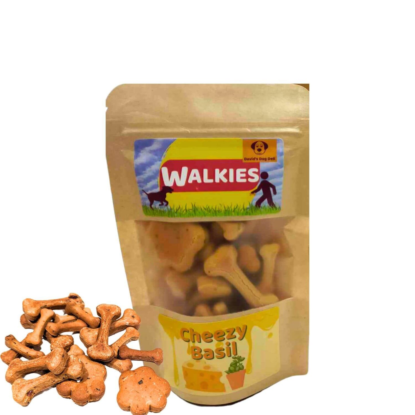 Low Fat Dog Treats cheezy basil walkies with biscuits outside the bag