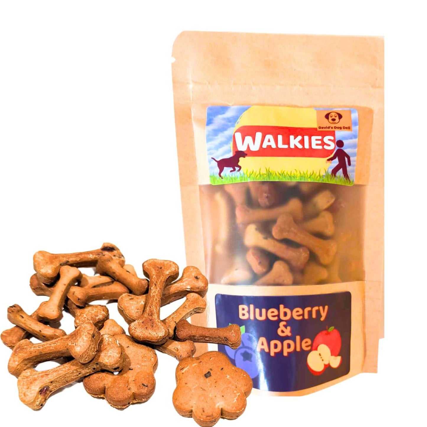 dog treats blueberry & apple bag with biscuits outside the bag