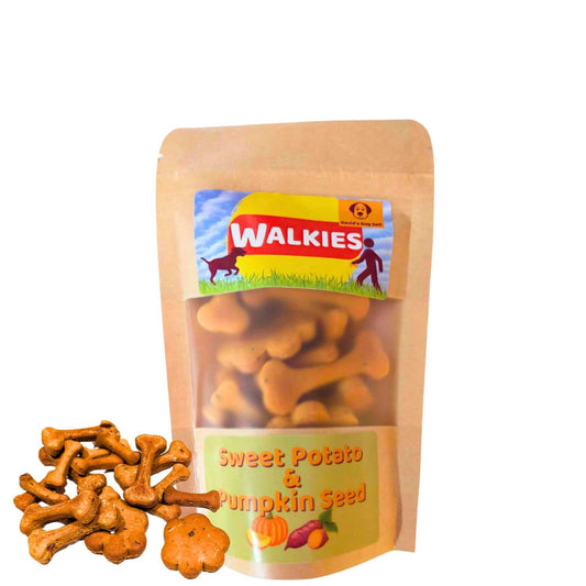 Sweet Potato Dog Treats bag & biscuits outside the bag