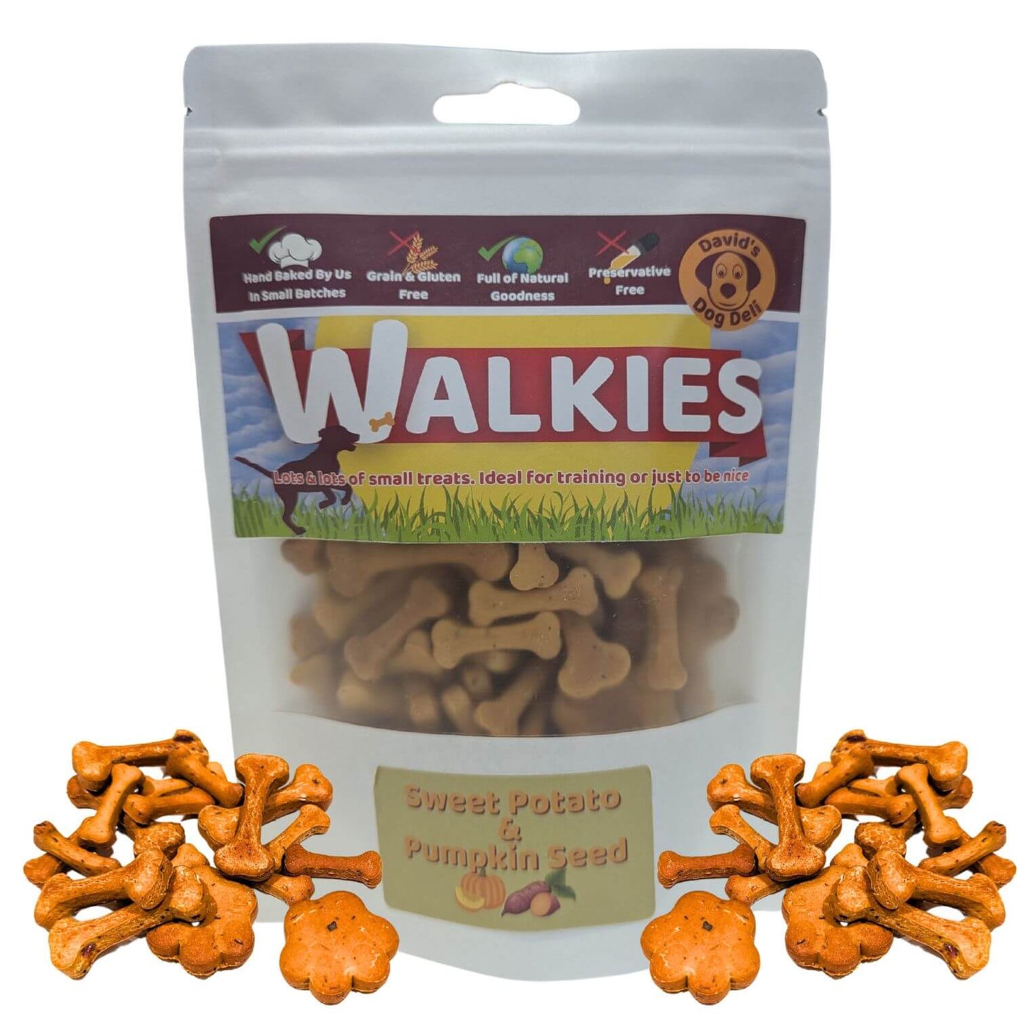 Sweet Potato Dog Treats With Pumpkin Seeds resealable bag with biscuits outside the bag