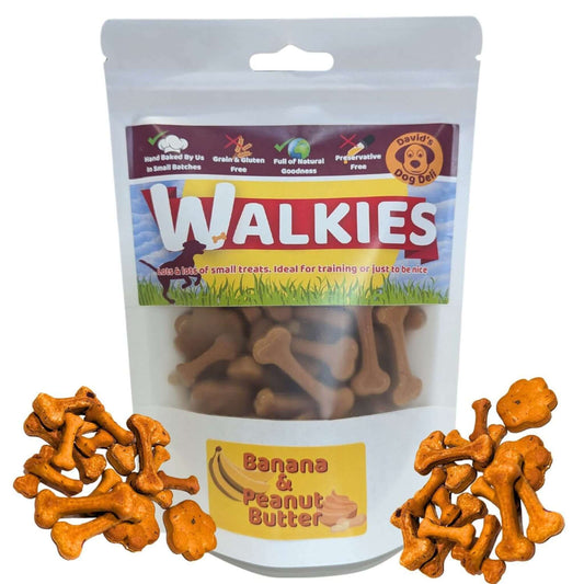 Peanut Butter Dog Treats with Banana resealable bag with biscuits outside the bag